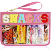TESAFNG trousse voyage transparente en chenille lettre varsity rose, utile pour cosmétiques.