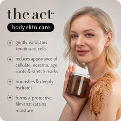 The Act gommage-corps-huile-cacao-vitamine-e: hydrate durablement et rend la peau souple.