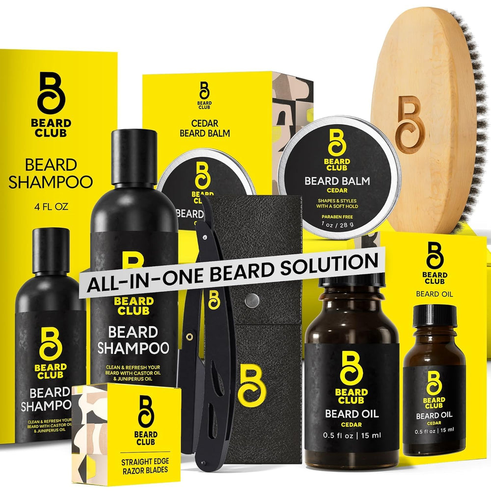 The Beard Club rasoir droit et étui en cuir pour un détail précis.
