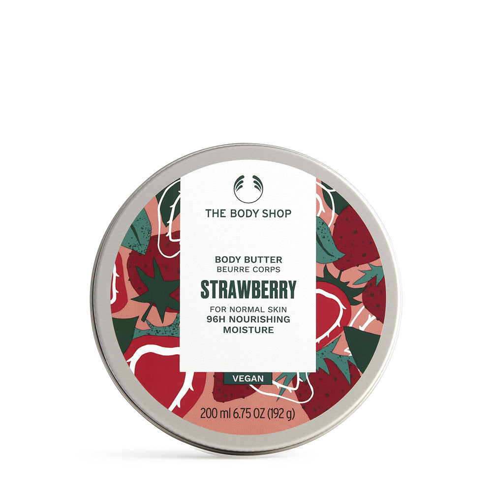 The Body Shop Beurre corporel fraise dans son emballage, hydratation durable pour la peau.