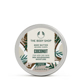 The Body Shop Coconut Body Butter jar close-up shows rich hydration for the skin.