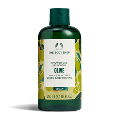 The Body Shop Olive Shower Gel – bouteille, mousse riche qui nettoie sans dessécher la peau.