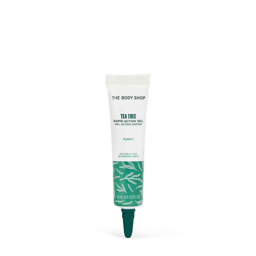 The Body Shop Tea Tree Gel Action Rapide dans sa bouteille, soin ciblé pour les imperfections.