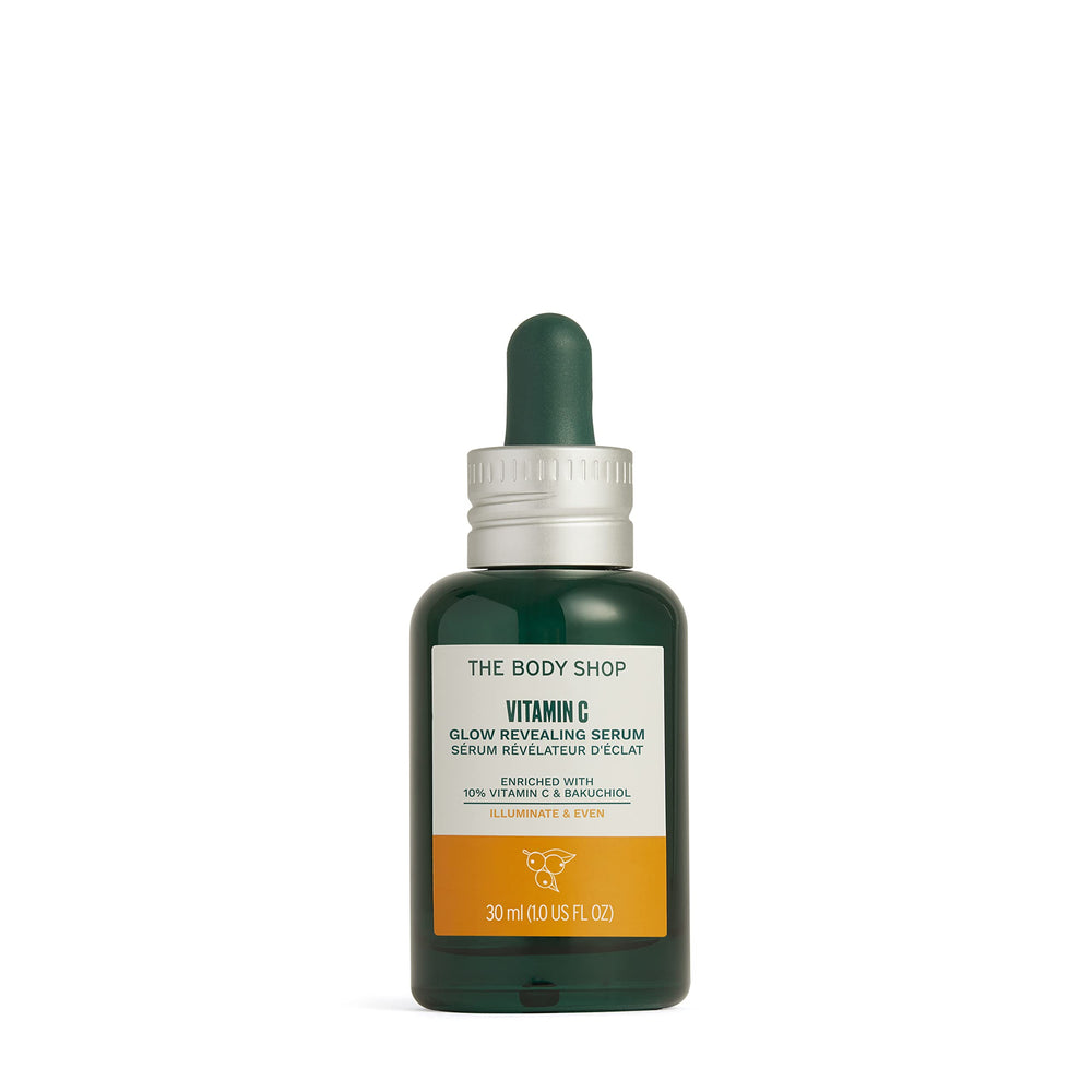 The Body Shop sérum révélateur d’éclat à la vitamine C sur bouteille, éclat durable.