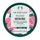Le yaourt pour le corps The Body Shop Rose britannique en flacon, hydratation légère et parfum floral.