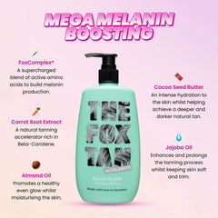 The Fox Tan Rapid Elixir – application sur peau pour hydratation et douceur.
