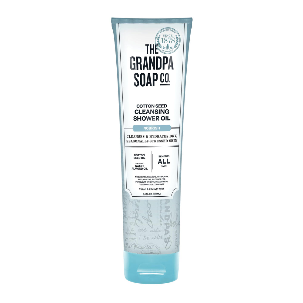 The Grandpa Soap Company gel douche huile de coton dans une bouteille claire, hydratante.