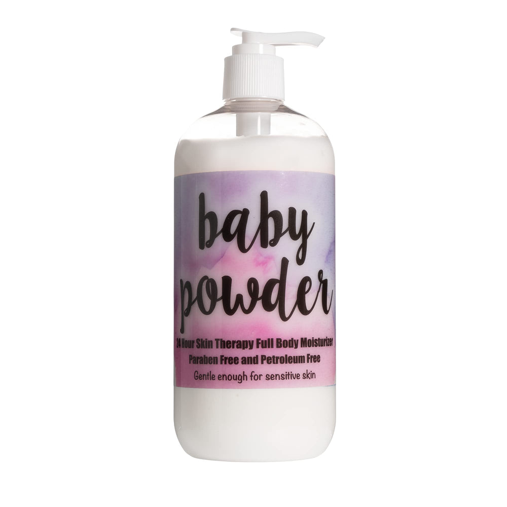 The Lotion Company 24-Hour Skin Therapy lotion bottle with baby powder scent for daily hydration.