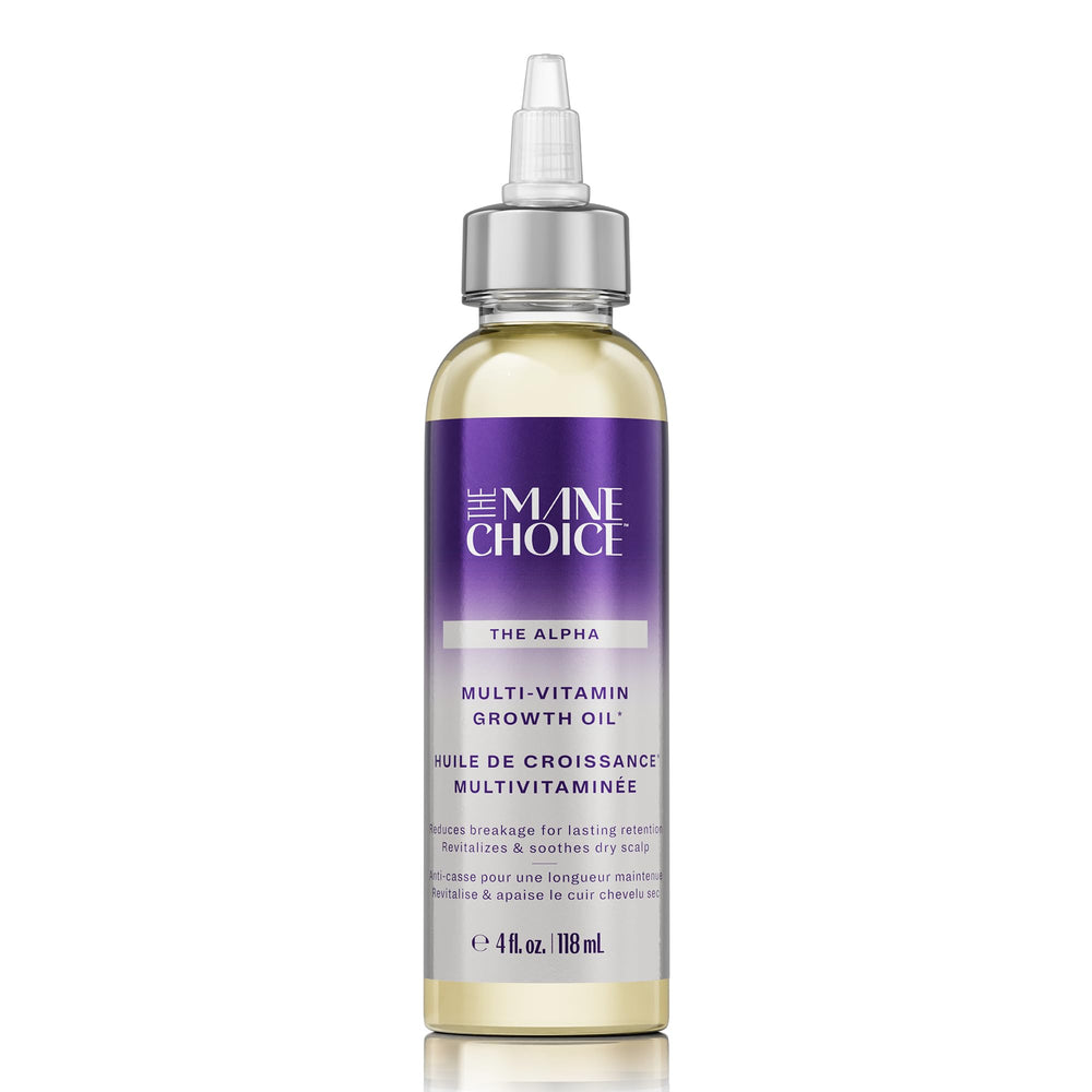 The Mane Choice Alpha Multi-Vitamin Scalp Growth Oil, bouteille élégante facilitant l'application.