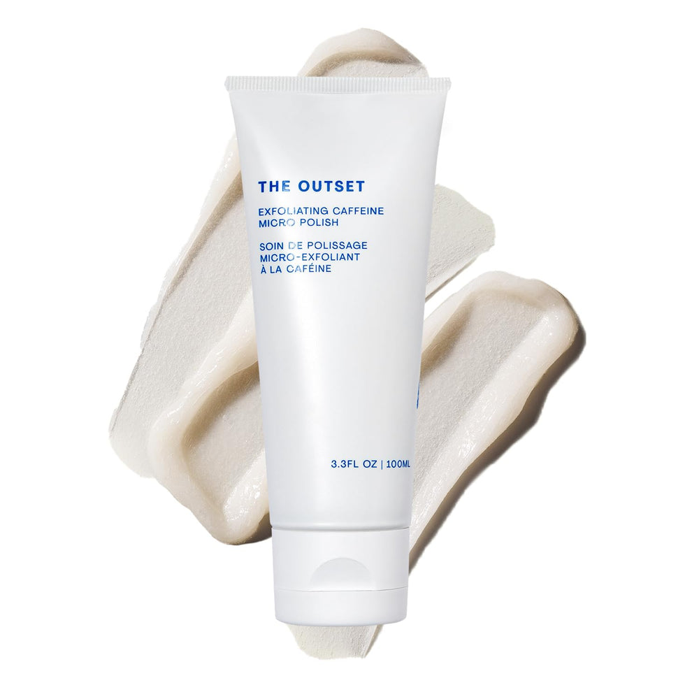 The Outset gommage caféine micro-polissage visage, texture douce préparant la peau.
