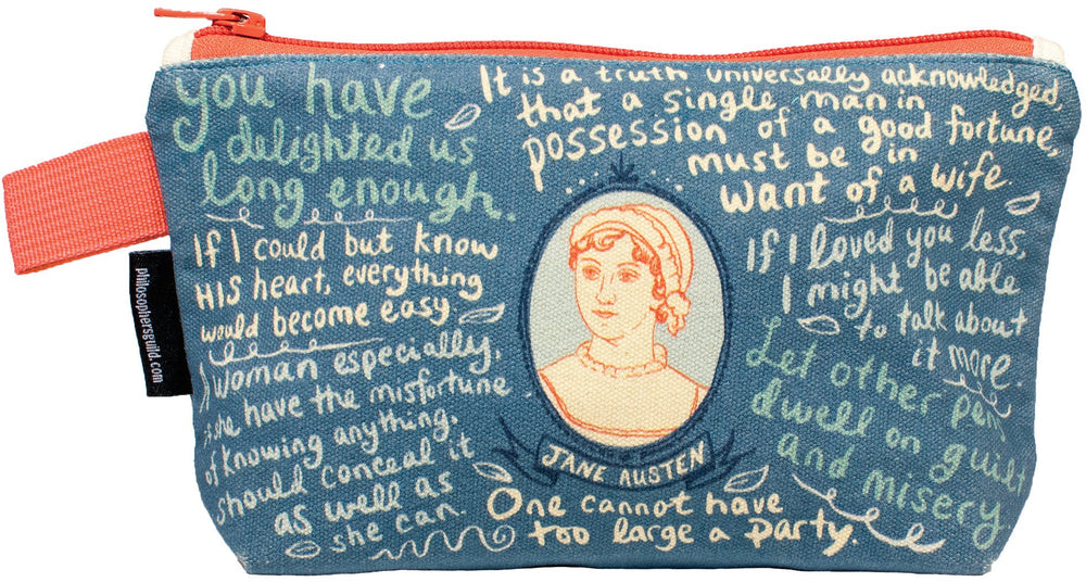 Pochette Jane Austen de The Unemployed Philosophers Guild en toile bleue 9 pouces, idéale pour stylos et accessoires.