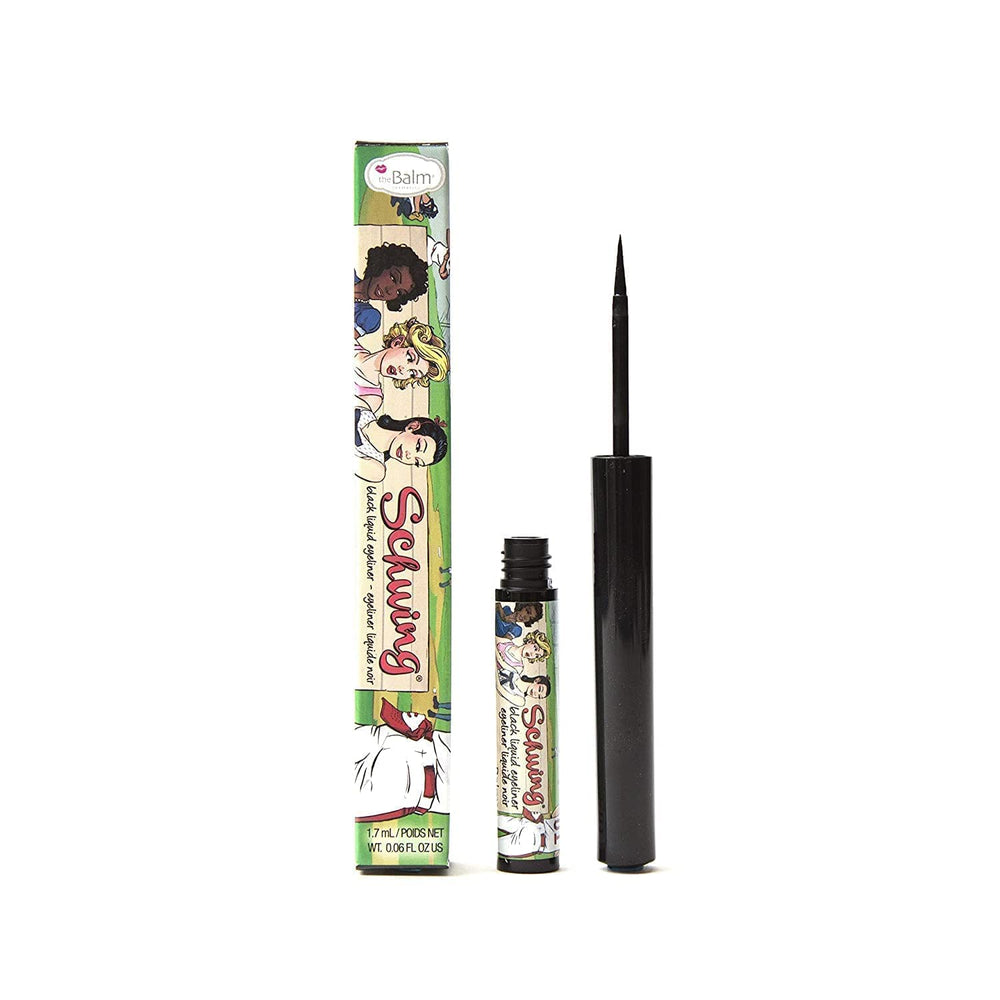 theBalm Schwing Eyeliner – Bouteille noir mat, précision fiable pour des traits nets.