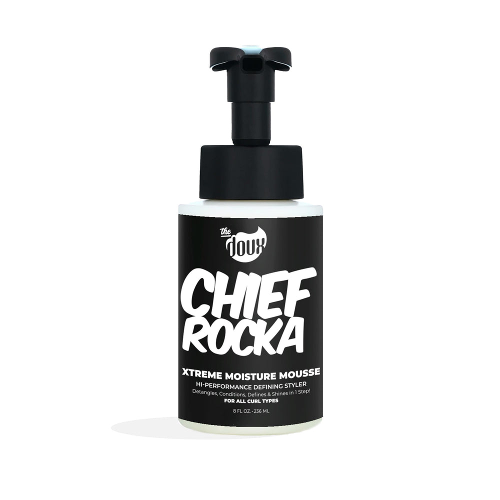 The Doux Chief Rocka Mousse bottle close-up showing deep hydration for curls.