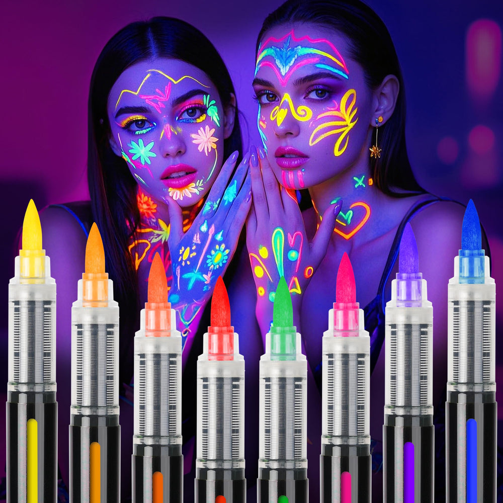 Stylo maquillage néon ThEast rose qui brille sous UV pour un festival.