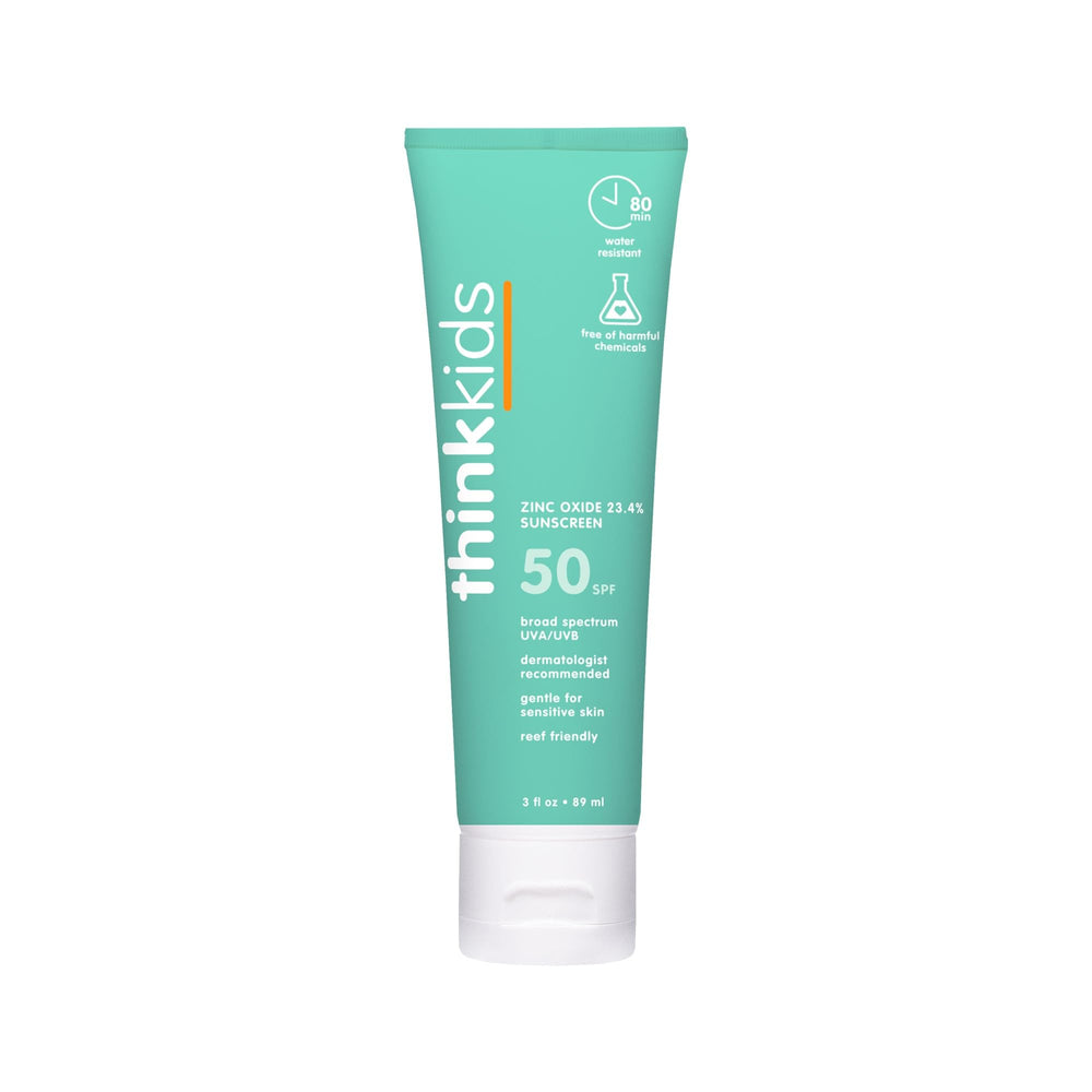 Thinkkids crème solaire minérale SPF 50+, flacon pratique pour enfants, excellente protection quotidienne.