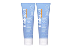 Thinksport SPF 50 Plus image montrant deux tubes de 3 oz, pratique pour les sorties.