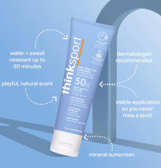 Thinksport SPF 50 Plus image affichant l'emballage extérieur et le nom du produit.