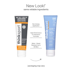 Thinksport SPF 50 Plus image montrant l'étiquette SPF50, identifiant rapidement le produit.