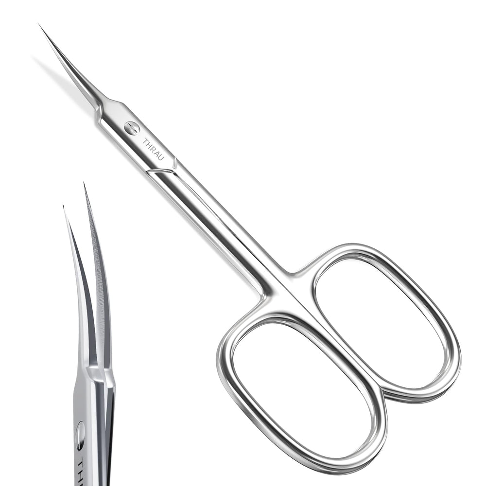 THRAU Cuticle Scissors with curved blade close-up for precise trimming and salon-like accuracy.