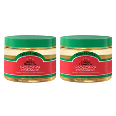Three Flowers Pomade montre sa bouteille et son emballage, parfait pour une application rapide.