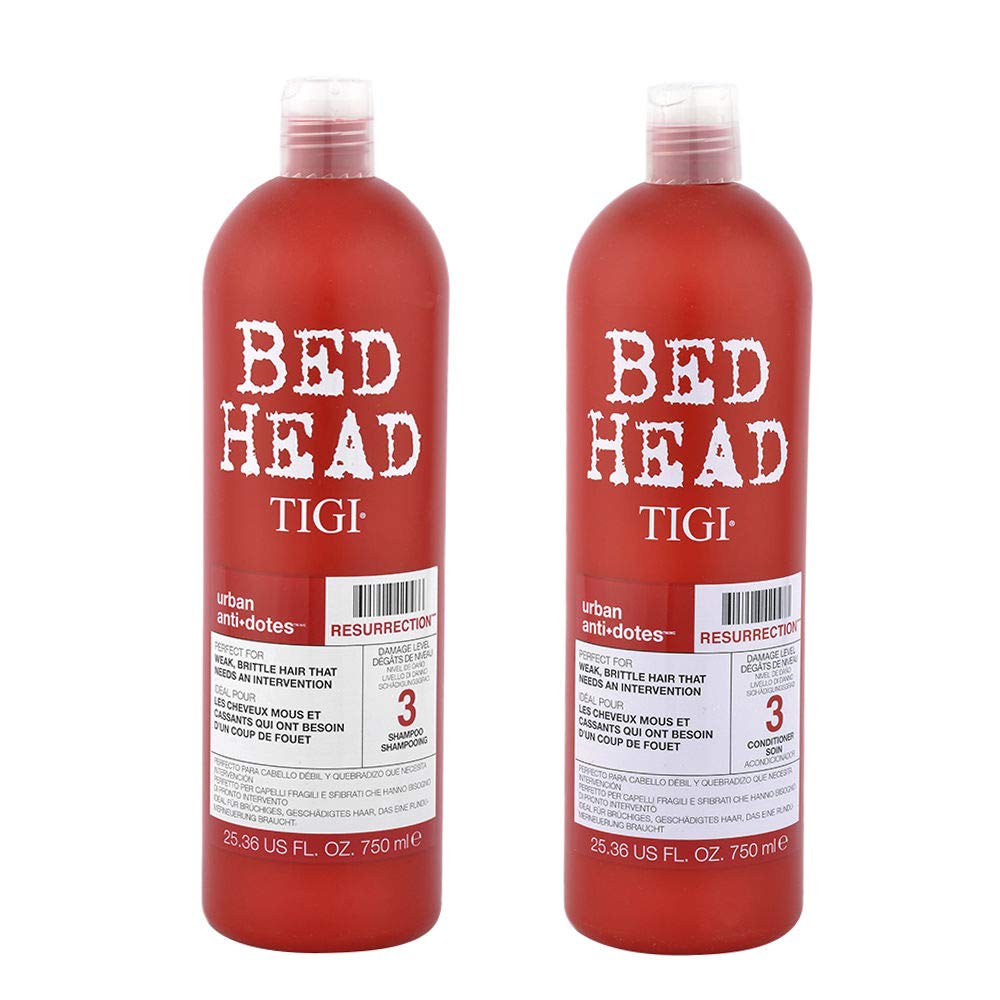 TIGI Bed Head Resurrection, duo shampooing et après-shampooing pour cheveux abîmés, restauration et douceur.
