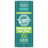 Tom's of Maine Lemongrass Tea Tree deodorant stick provides aluminum-free, all-day freshness.