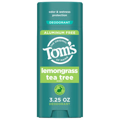 Tom's of Maine Lemongrass Tea Tree deodorant stick provides aluminum-free, all-day freshness.