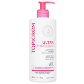 Topicrem Lait Corps Ultra-Hydratant, bouteille 500 ml, hydratation longue durée.