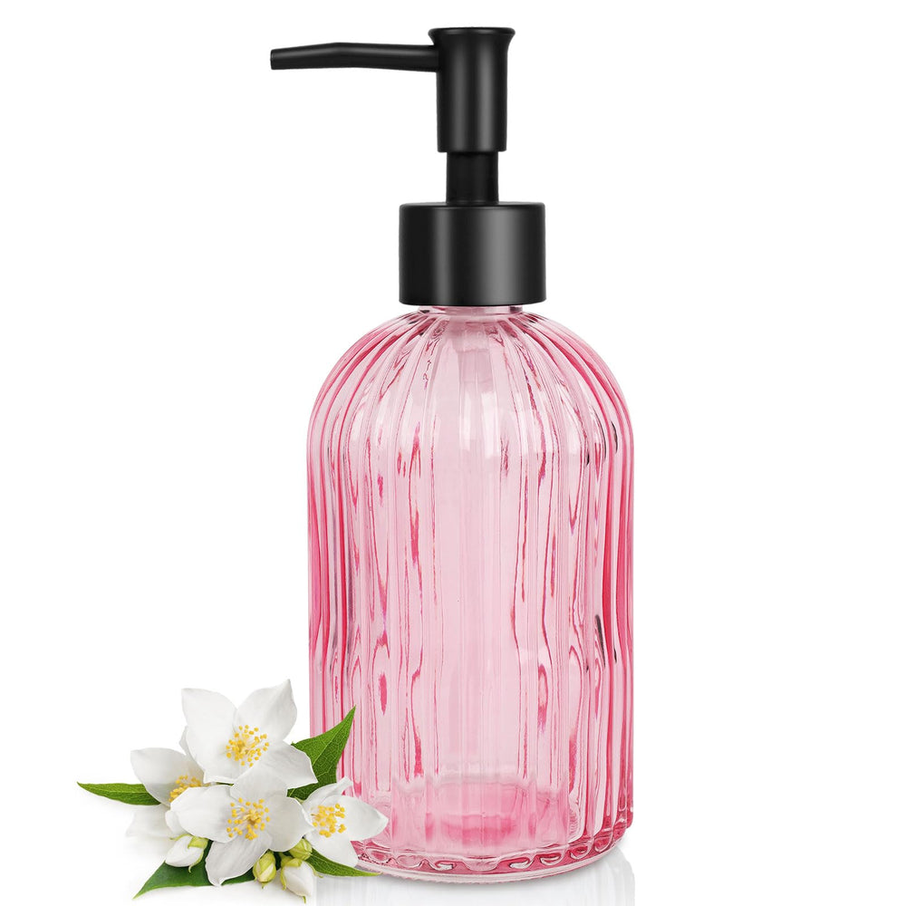 Topsky distributeur savon en verre rose avec pompe noire, idéal pour la cuisine.