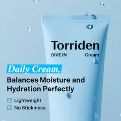Torriden DIVE IN Crème — application douce pour peau sensible.