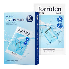 Emballage Torriden Dive In, masque hyaluronique prêt à l'emploi, hydratation durable.