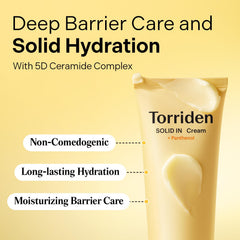 Torriden SOLID IN Crème Céramide, application visage, texture soyeuse et peau nourrie.