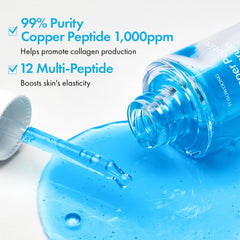 Texture hydratante du sérum cuivre et peptides avec hyaluronique et collagène.