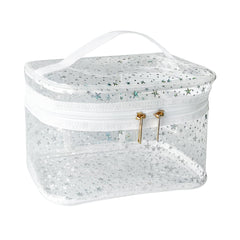 TotePrint pochette maquillage PVC blanche avec poignée, rangement pratique en voyage.