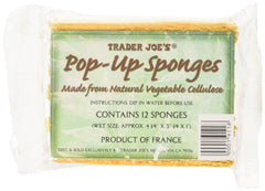 Éponge pop-up Trader Joe's en cellulose végétale, emballage neuf et prêt au nettoyage domestique.