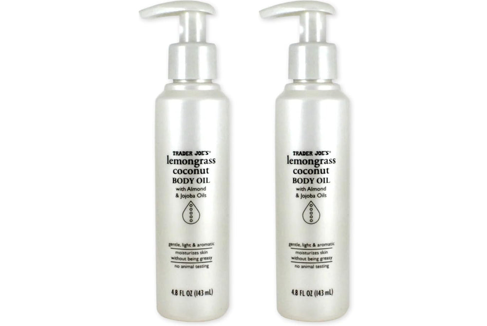 Huile corporelle Trader Joe's citronnelle et coco, bouteille pratique pour hydratation légère et parfum frais.
