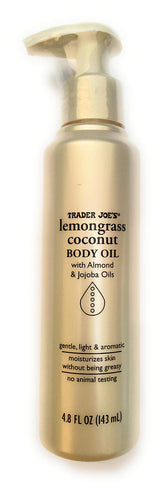 Trader Joe's huile corporelle citronnelle coco en pompe; hydratation légère pour peau douce et nourrie.