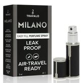 Travalo Milano atomiseur noir en cuir végan, design élégant pour le voyage.
