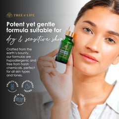 Peau hydratée après l’application du sérum hyaluronique Tree of Life Beauty.