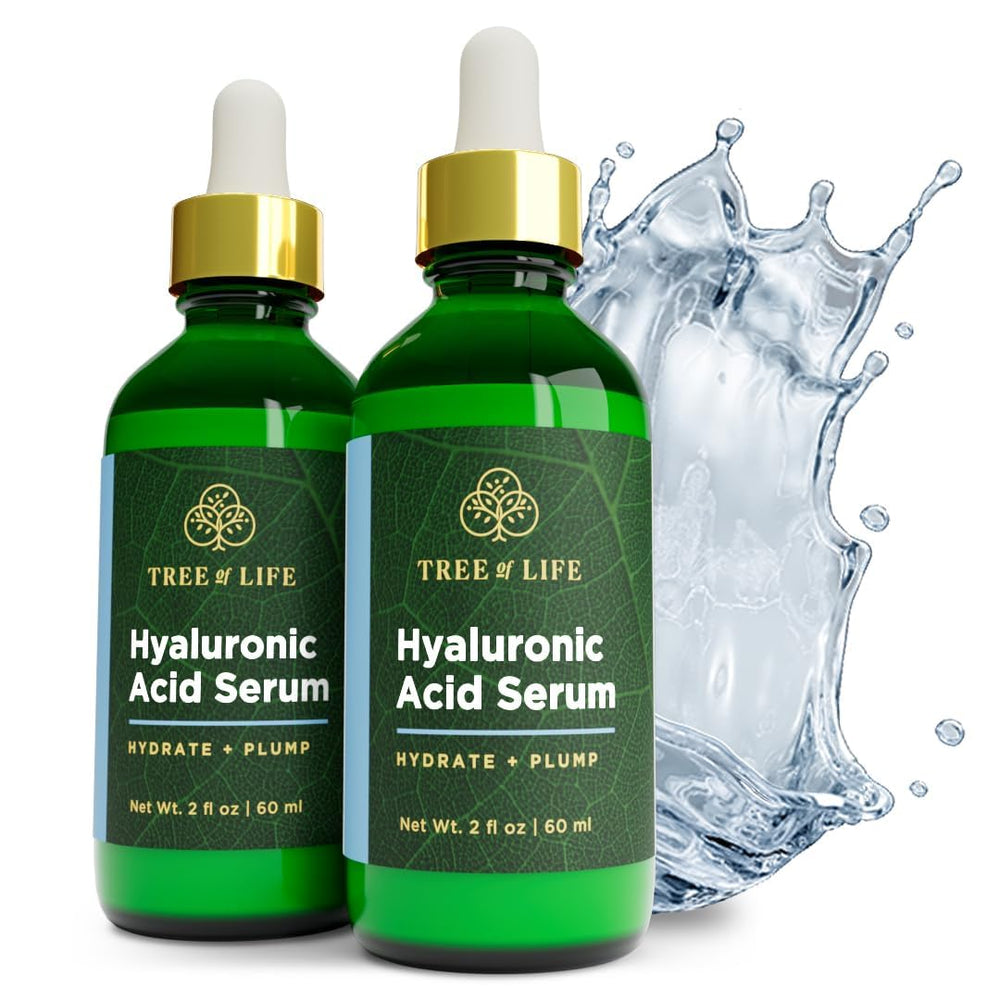 Tree of Life Beauty sérum hyaluronique, flacon 2oz prêt pour hydratation durable.