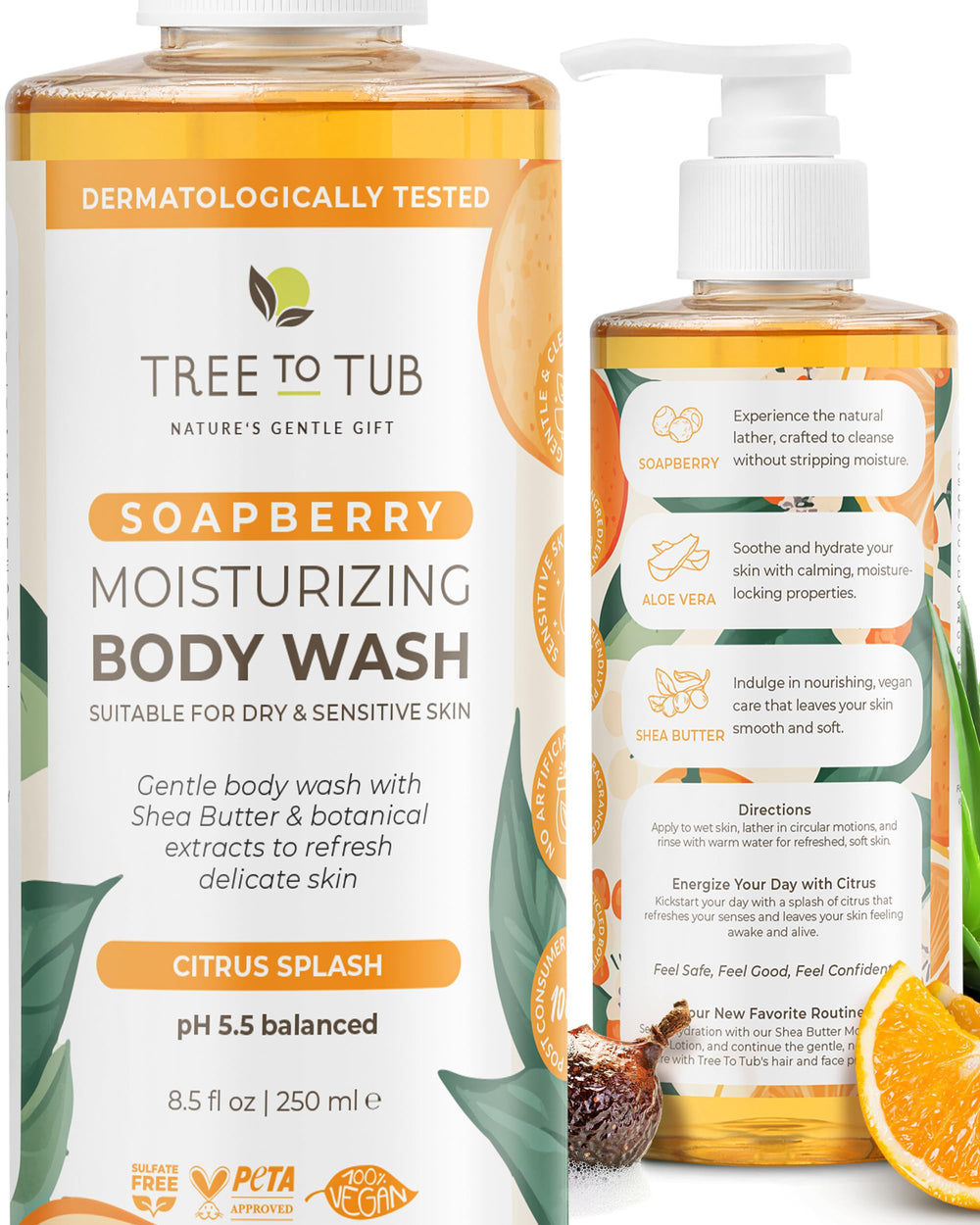 Tree to Tub Citrus Body Wash — bouteille lumineuse et hydratante pour peaux sensibles.