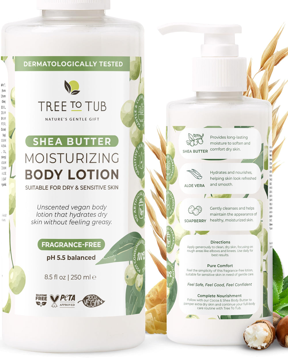 Tree to Tub lotion karité sans parfum sur bouteille, hydratation douce