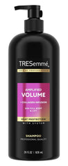 Etiquette et flacon TRESemmé, met en avant le controle-volume et protéines de soie.