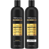 TRESemmé Rich Moisture shampoo bottle pour boosts hydration for dry, frizzy hair.