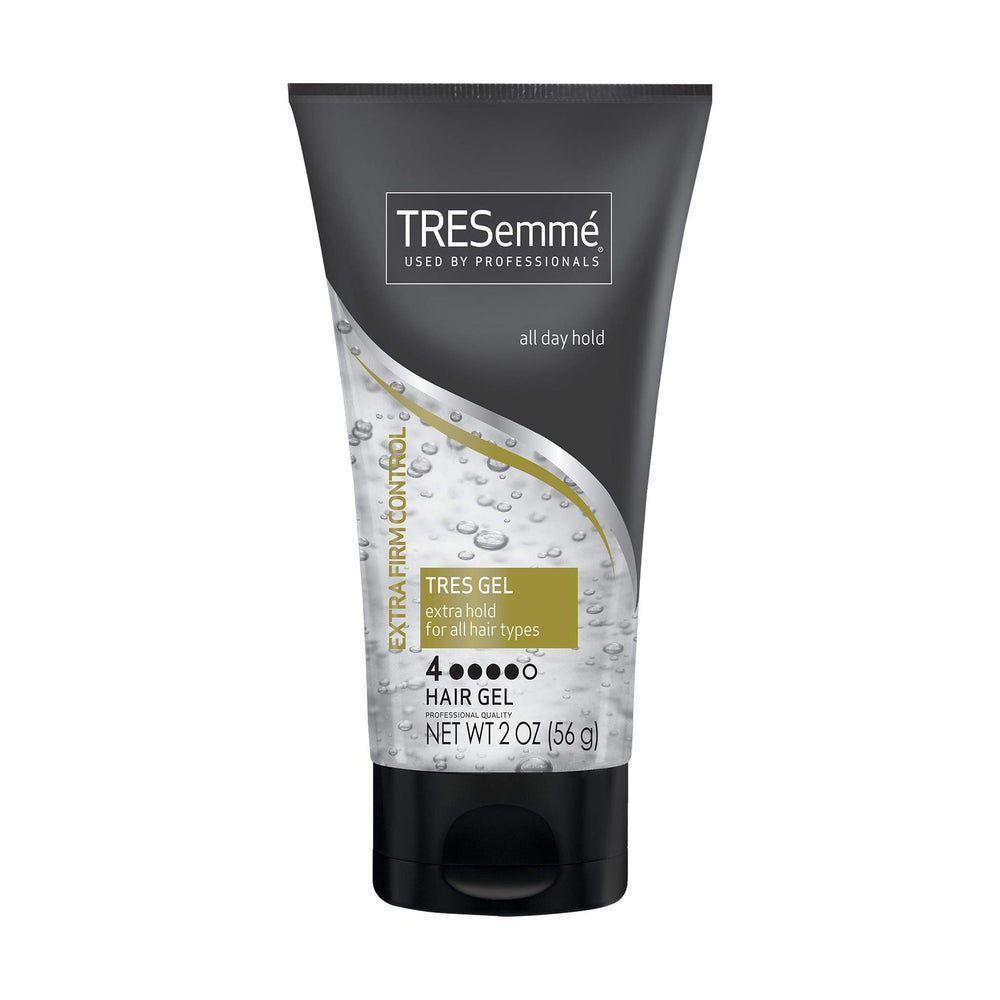 TRESemmé Tres Gel Extra Firm : bouteille affichant tenue longue durée et brillance.