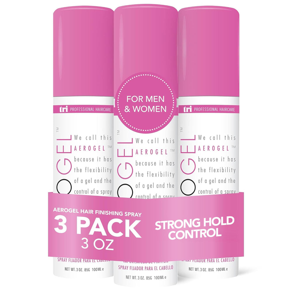 TRIDESIGN Aerogel Hairspray, bouteille 3oz pour maintien fort et flexible.