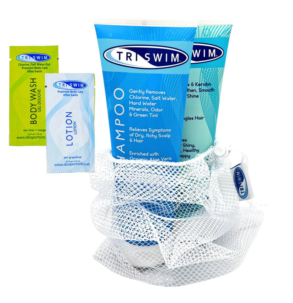 TRISWIM Shampoing anti-chlore, bouteille, neutralise le chlore et laisse les cheveux plus doux.
