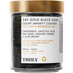 Truly Savon Noir 24K Or Beurre Luxe sur flacon élégant, prêt pour votre routine.