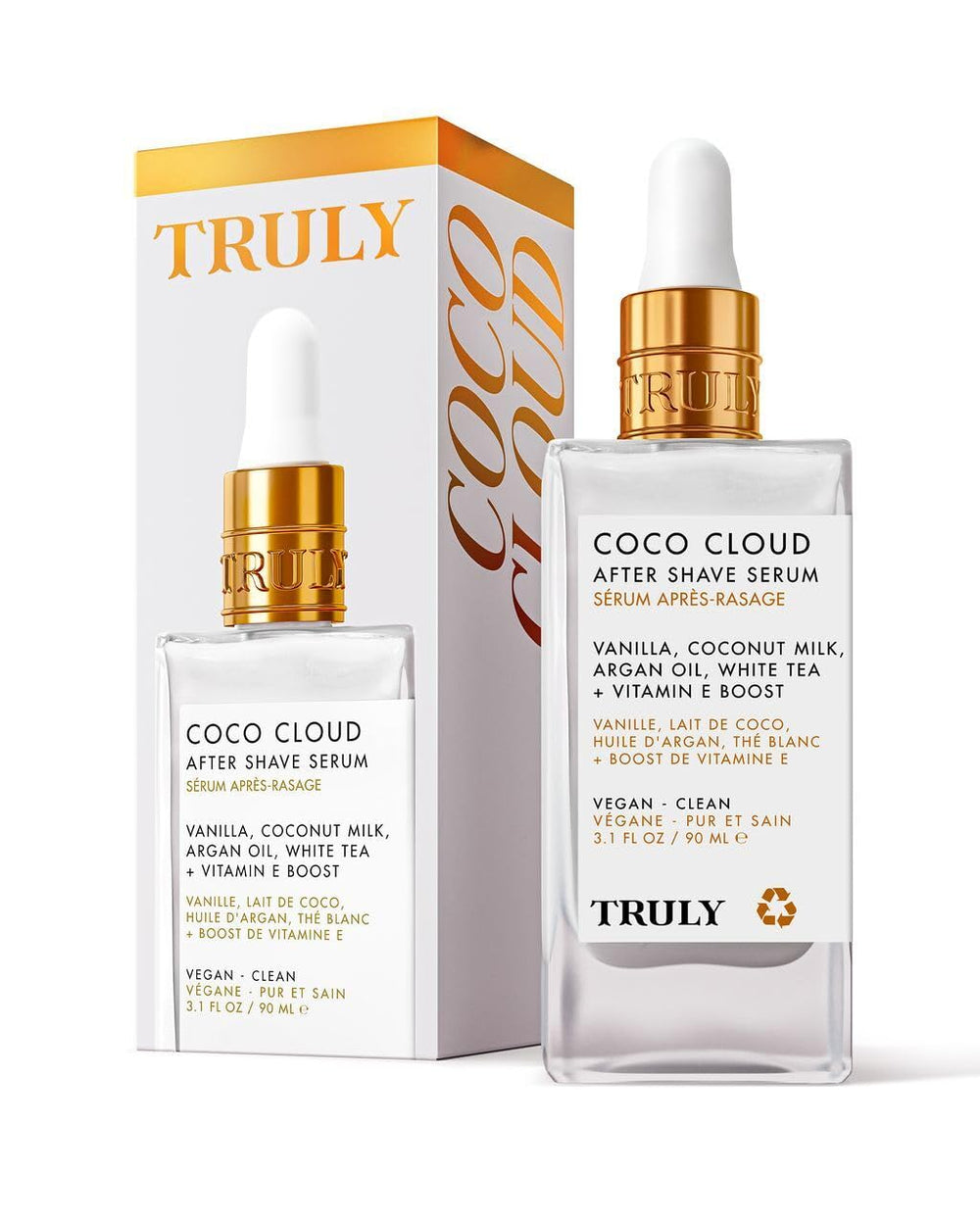 Sérum après-rasage Truly Coco Cloud dans une bouteille élégante, apaise et hydrate.