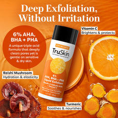 TruSkin BHA exfoliant close-up highlights Vitamin C and Turmeric for brightness.